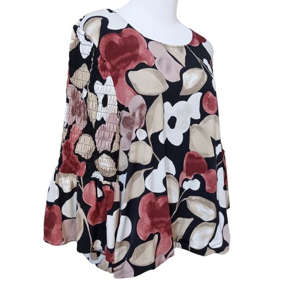 Alfani Top Blouse Stretchy L Floral Romantic Smocked Flare Sleeves Dressy Career - Picture 2 of 12